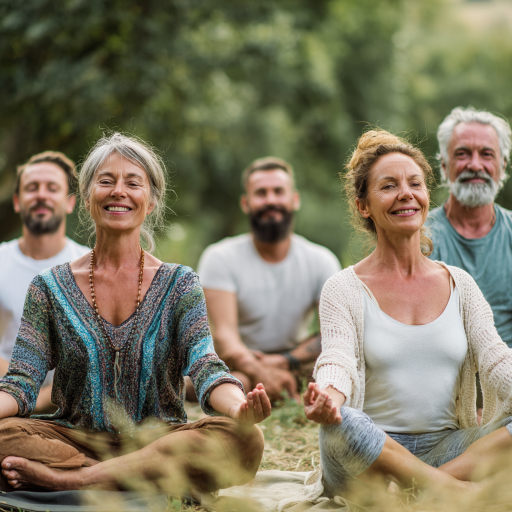 Усмихната българска жена практикува йога в спокойна обстановка сред природата