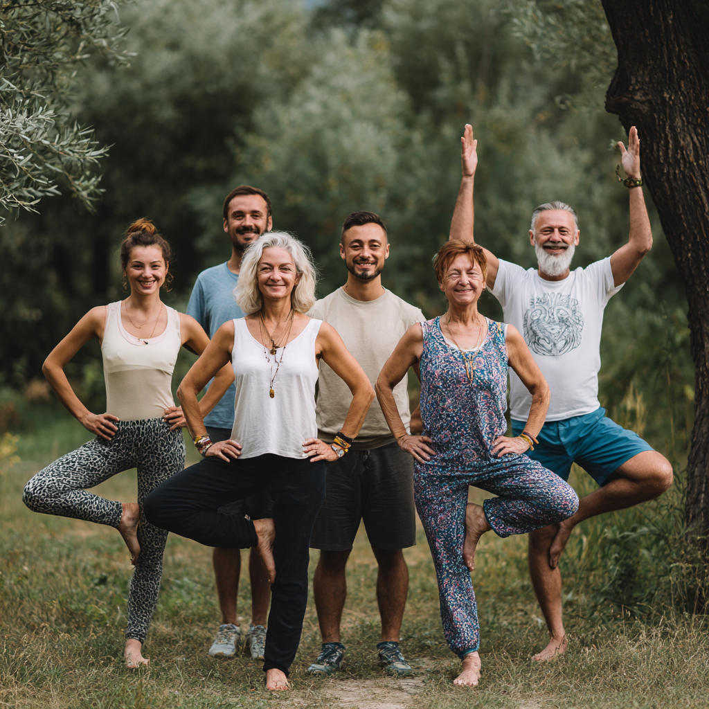 Група усмихнати българи от различни възрасти практикуват йога заедно в светла зала